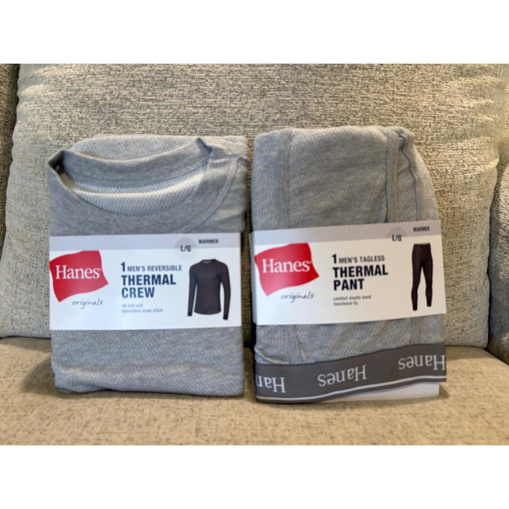 Hanes Originals Mens Thermal Set Reversible Crew Top‎ and Pants Gray Large L NEW